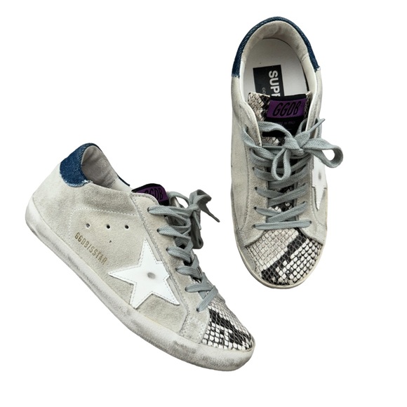 Golden Goose Denim Trimmed Snakeskin Leather Superstar Sneakers Gray Purple - Picture 8 of 11